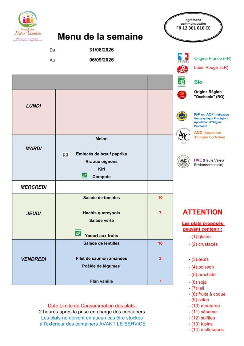 Menu du 1er au 4 septembre