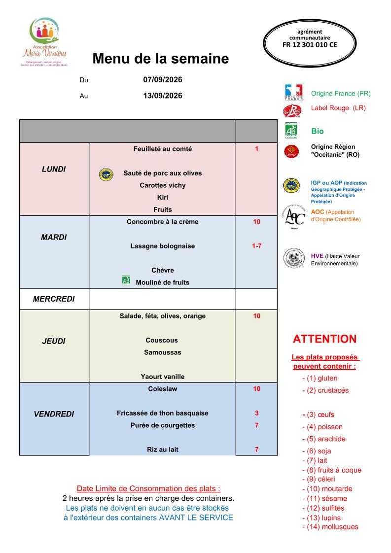 Menu du 7 au 11 septembre
