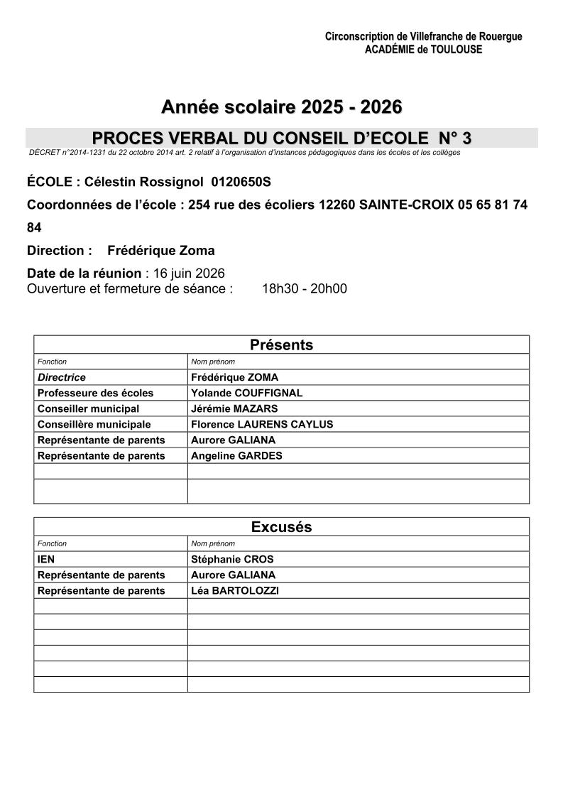 Conseil d'école du 16 juin 2026